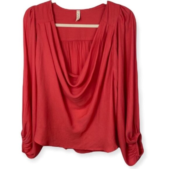 Free People Coral Pink Cowl Neck‎ Drape Blouse Top Size XS Raglan Sleeves Boho - Picture 2 of 10